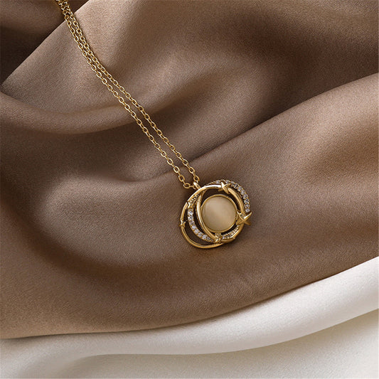 Cats Eye and 18K Gold-Plated Planet Pendant Necklace, gold pendant necklace for women, everyday style, front view