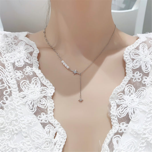 Pearl and Cubic Zirconia Silver-Plated Star Pendant Necklace, silver pendant necklace for women, front view