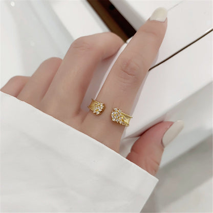 Cubic Zirconia and 18K Gold-Plated Milgrain Cluster Bypass Ring, gold statement rings for women, front view