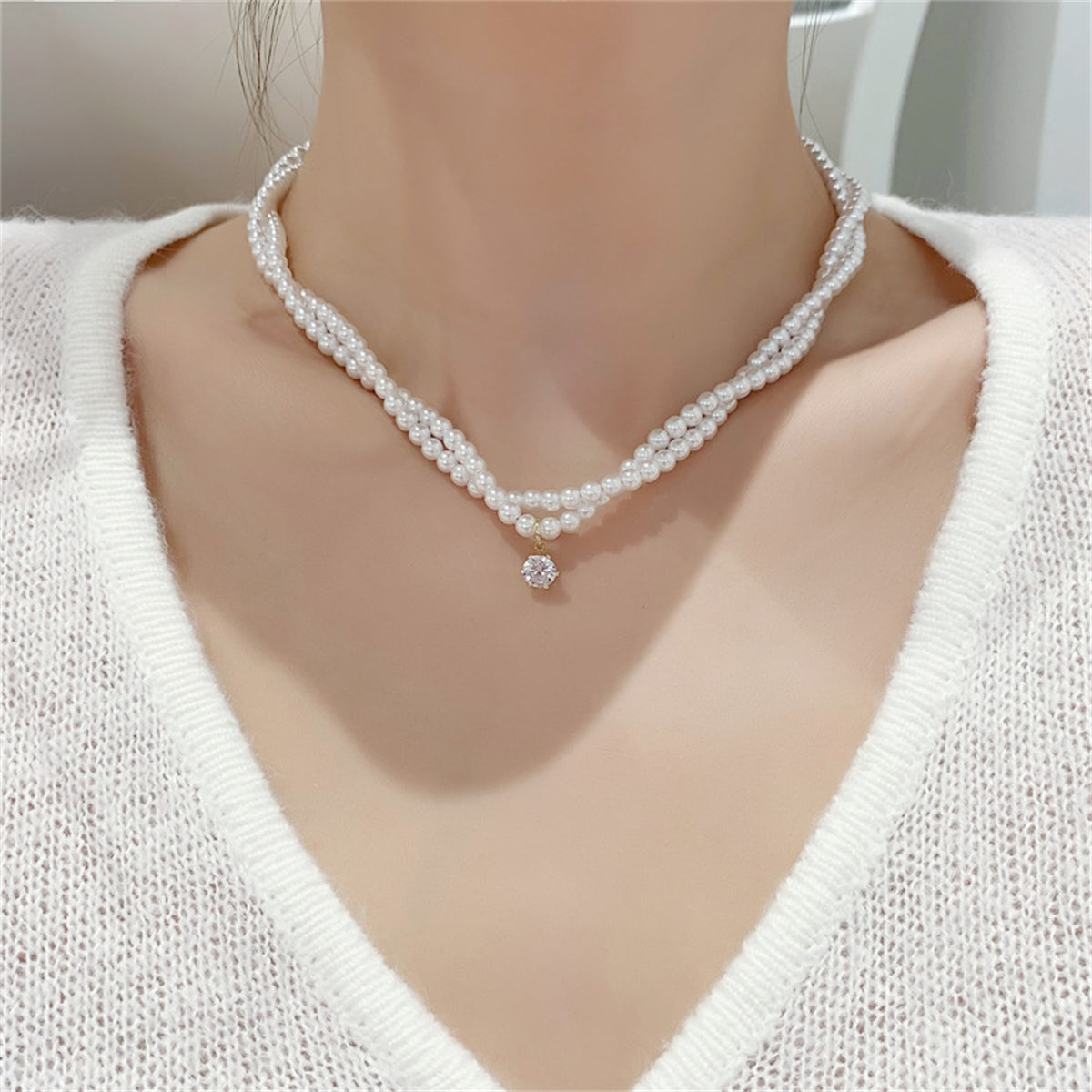Cubic Zirconia & Pearl Layered Round-Cut Pendant Necklace