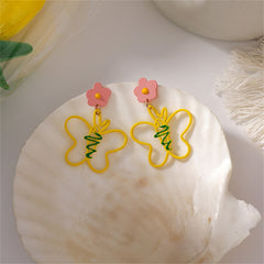 Yellow & Pink Flower Butterfly Drop Earrings