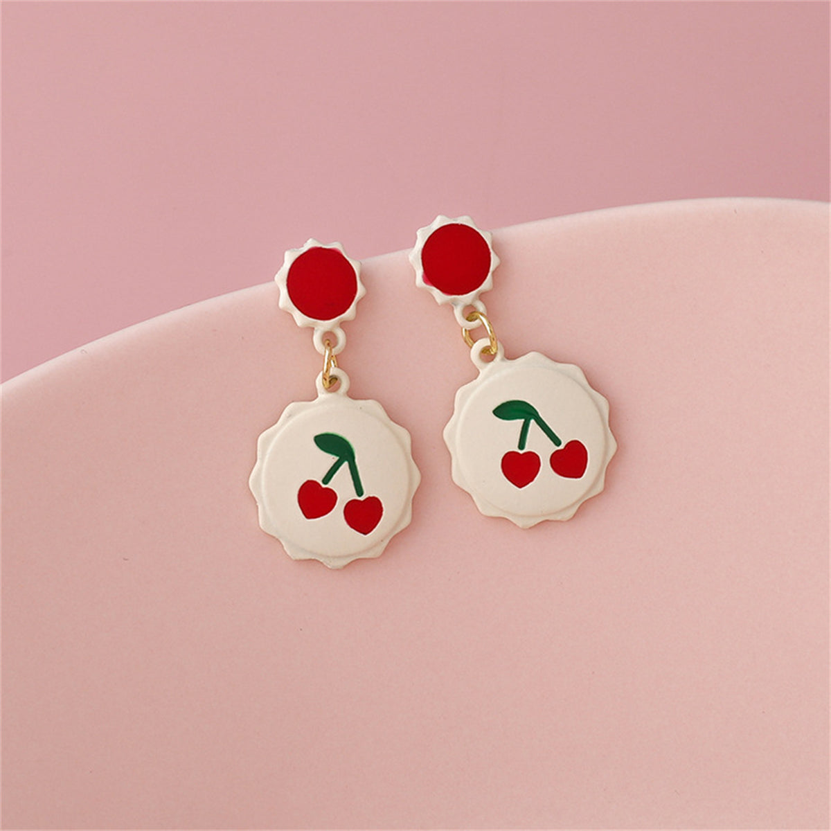 White and Red Enamel Scalloped Heart Cherry Drop Earrings, drop earrings for women, dainty minimalist design, front view