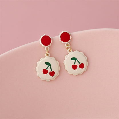 White and Red Enamel Scalloped Heart Cherry Drop Earrings, drop earrings for women, dainty minimalist design, front view