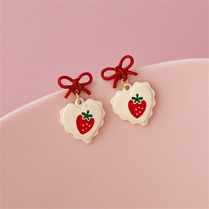 Red Enamel and 18K Gold-Plated Bow Strawberry Drop Earrings, gold drop earrings for women, botanical inspired, side view