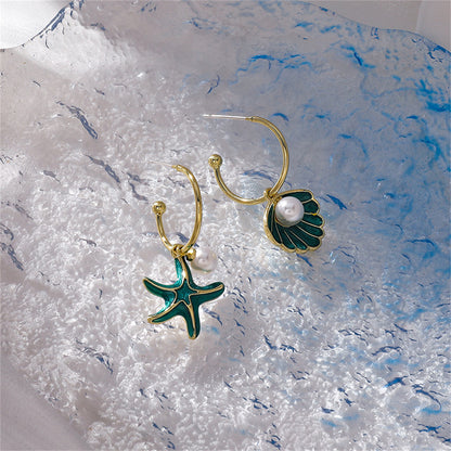 Green Enamel and Pearl Mismatch Shell Starfish Drop Earrings, drop earrings for women, botanical inspired, side view