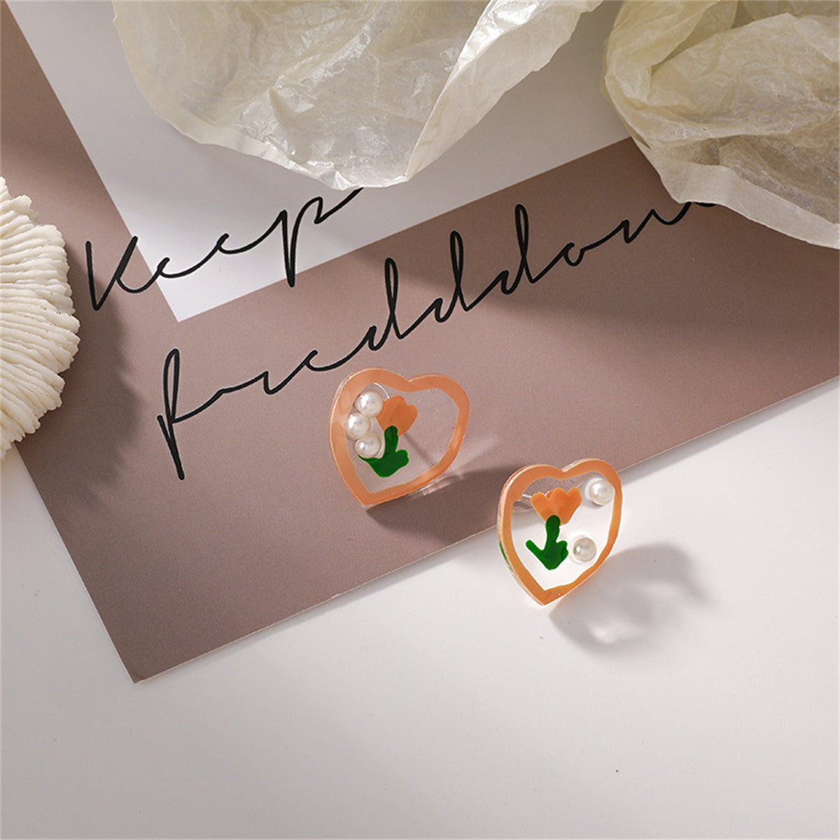 Pearl & Resin Floral Heart Stud Earrings