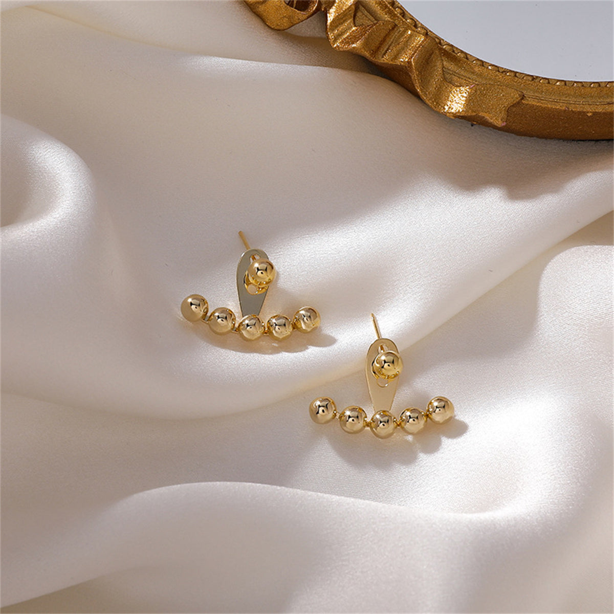 18K Gold-Plated Beaded Ear Jackets, gold stud earrings for women, dainty minimalist design, lifestyle look