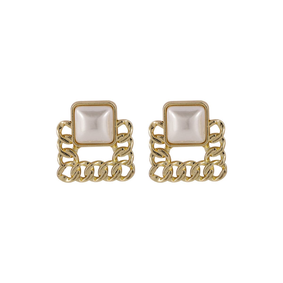 Pearl 18K Gold-Plated Figaro Square Stud Earrings, gold drop earrings for women, elegant gift for her, front view