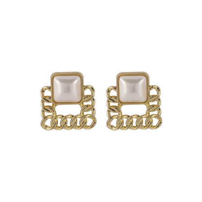 Pearl 18K Gold-Plated Figaro Square Stud Earrings, gold drop earrings for women, elegant gift for her, front view