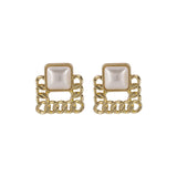 Pearl 18k Gold-Plated Figaro Square Stud Earrings