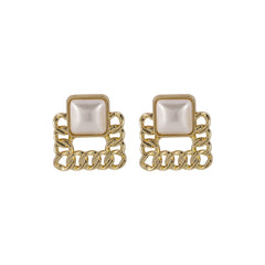 Pearl 18K Gold-Plated Figaro Square Stud Earrings