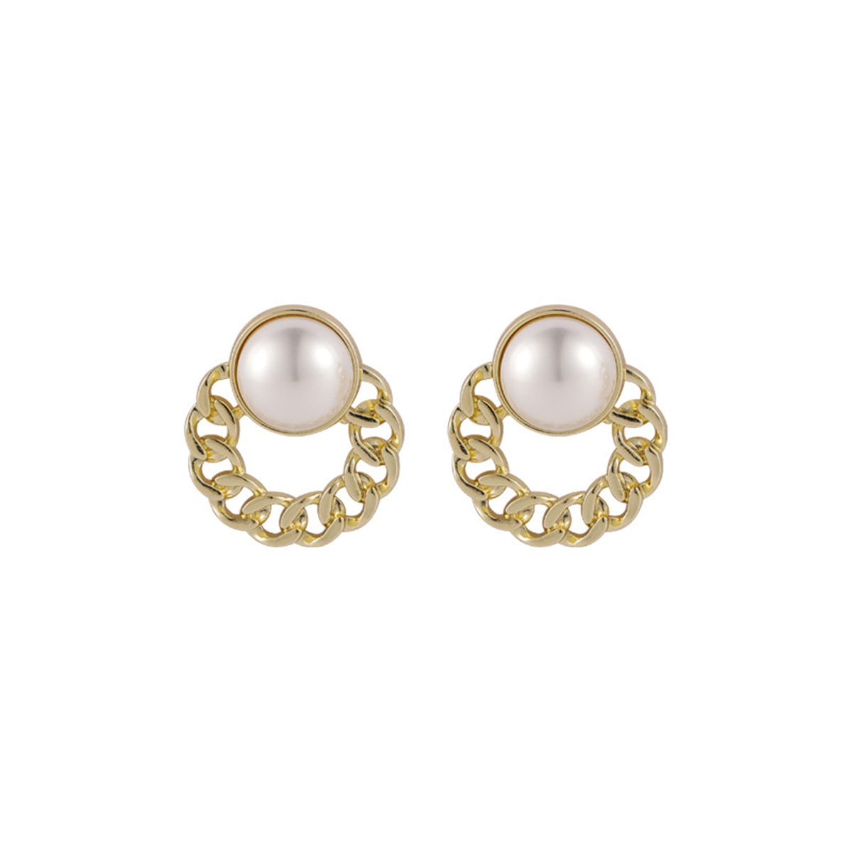 Pearl and 18K Gold-Plated Curb Round Stud Earrings, gold drop earrings for women, dainty minimalist design, side view
