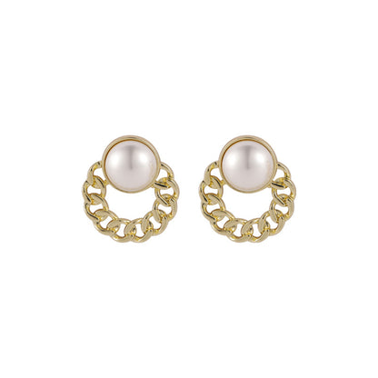 Pearl and 18K Gold-Plated Curb Round Stud Earrings, gold drop earrings for women, dainty minimalist design, side view