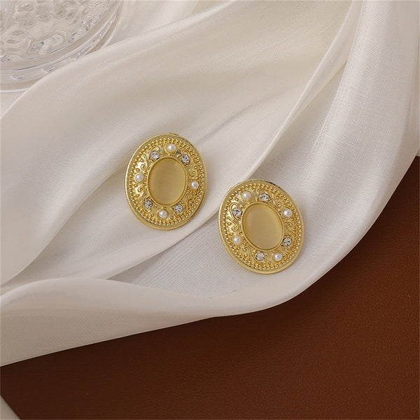 Yellow Cats Eye & Pearl 18k Gold-Plated Oval Stud Earrings