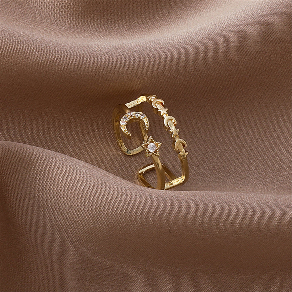 Cubic Zirconia and 18K Gold-Plated Celestial Openwork Bypass Ring, gold statement rings for women, front view