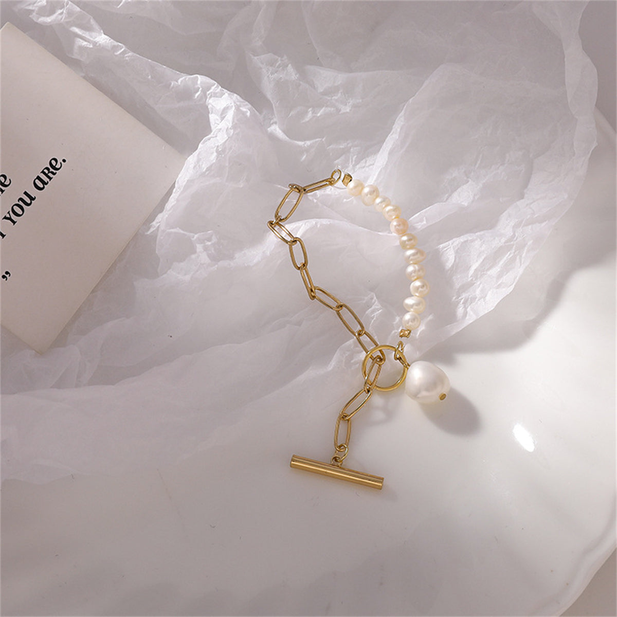 Pearl & 18K Gold-Plated Asymmetrical Chain Toggle Bracelet