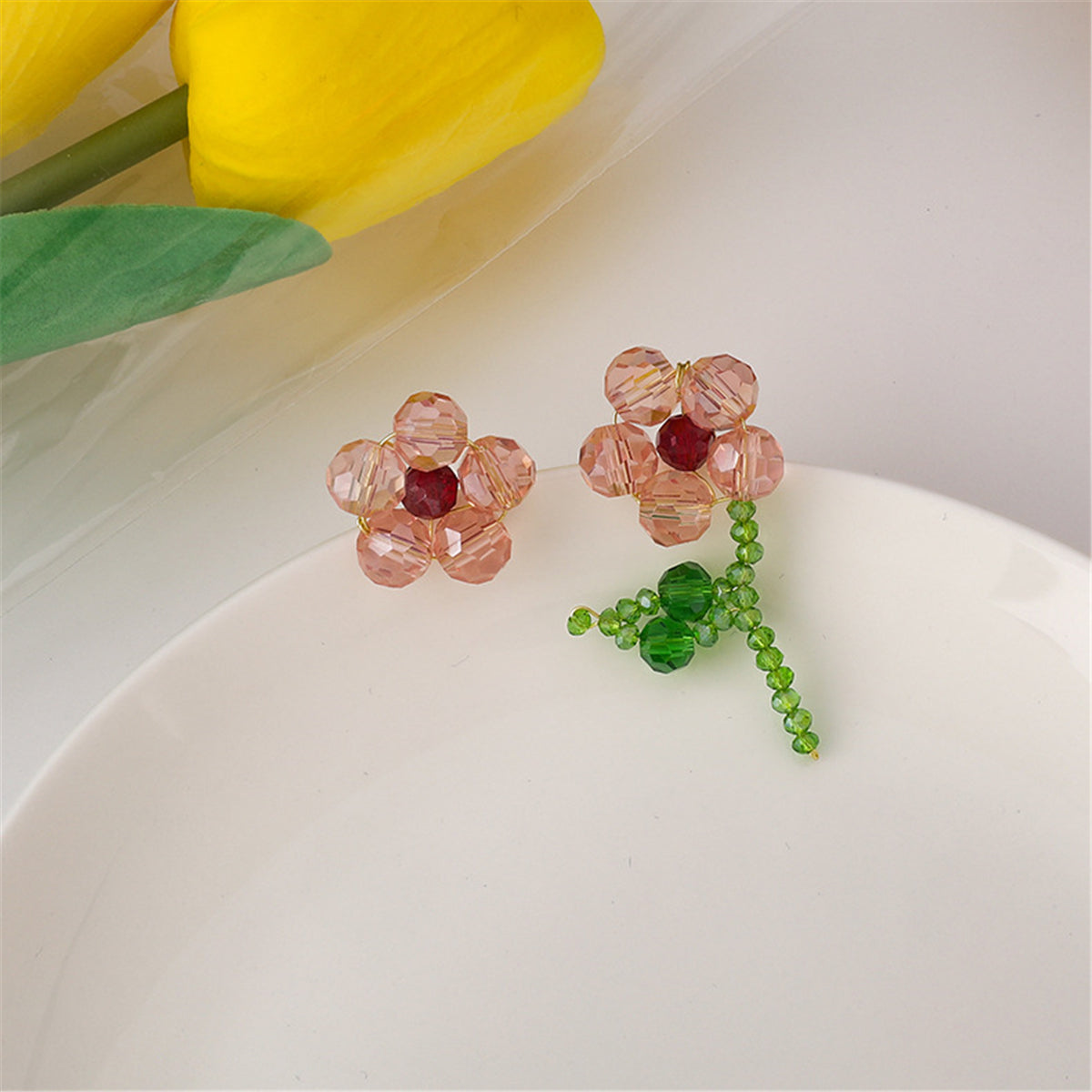 Red Acrylic and 18K Gold-Plated Flower Stud Earrings, gold stud earrings for women, botanical inspired, front view