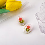 Pink & Green Rose Oval Stud Earrings