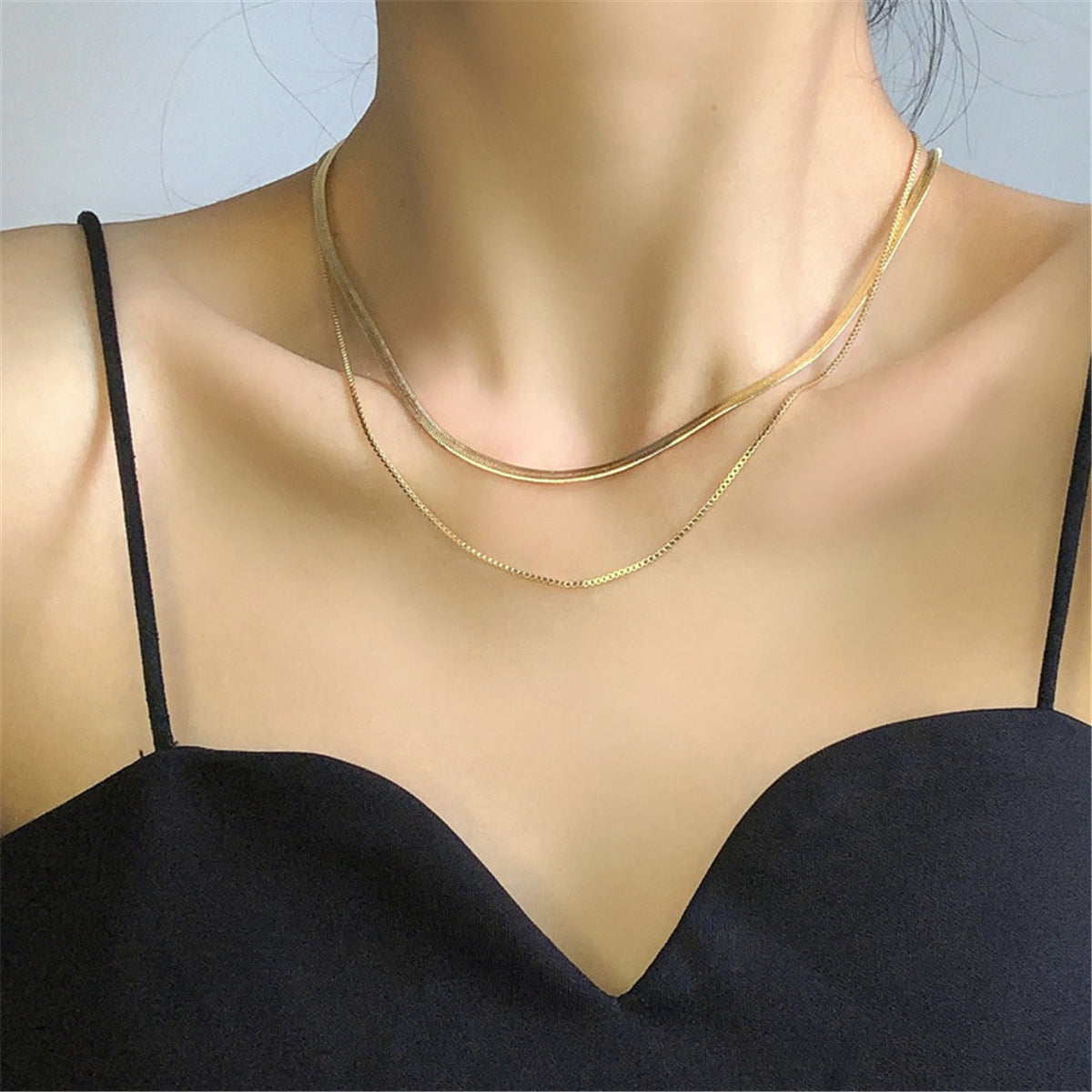 18K Gold-Plated Layered Chain Choker Necklace, gold pendant necklace for women, vintage-inspired design, front view
