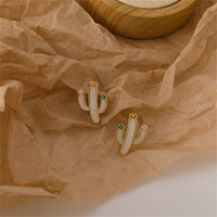 White Enamel & 18k Gold-Plated Cactus Stud Earrings