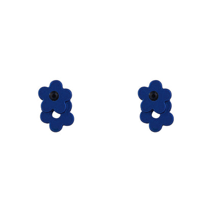 Blue Cubic Zirconia and Enamel Flower Stud Earrings, stud earrings for women, botanical inspired, front view