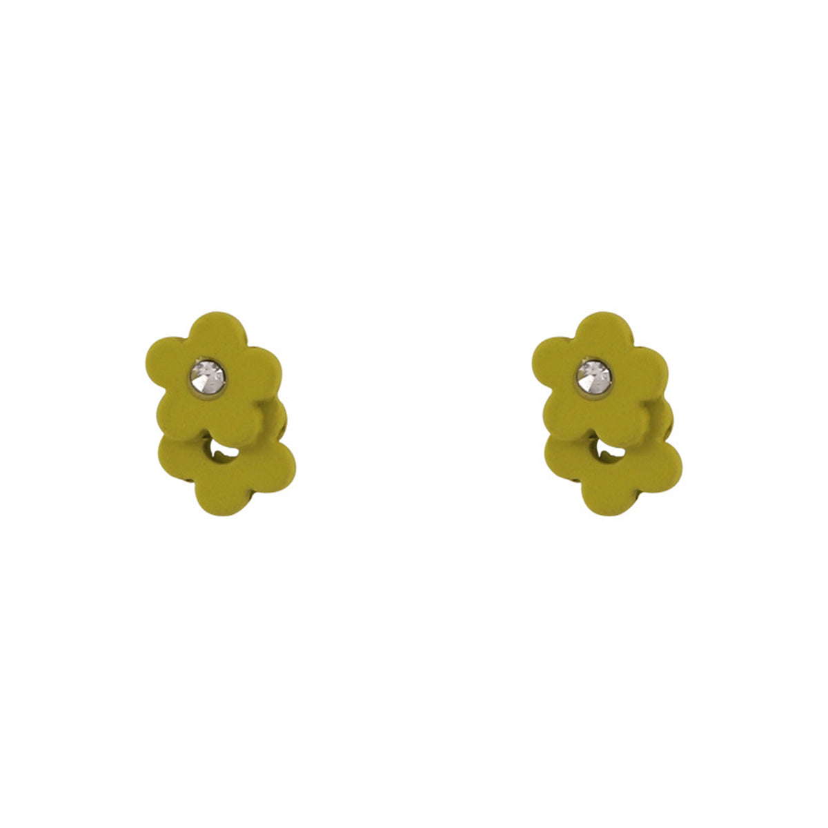 Cubic Zirconia and Green Enamel Flower Stud Earrings, stud earrings for women, dainty minimalist design, front view
