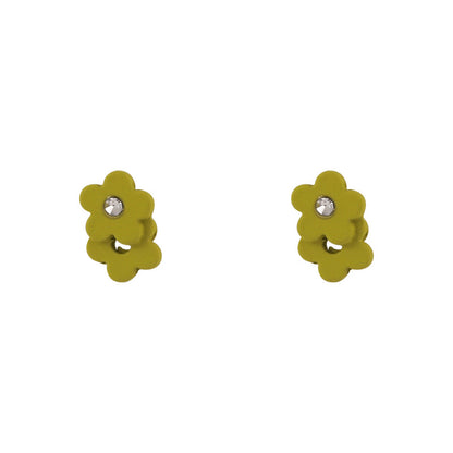 Cubic Zirconia and Green Enamel Flower Stud Earrings, stud earrings for women, dainty minimalist design, front view