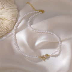 Pearl & Cubic Zirconia 18K Gold-Plated Pavé Bow Necklace