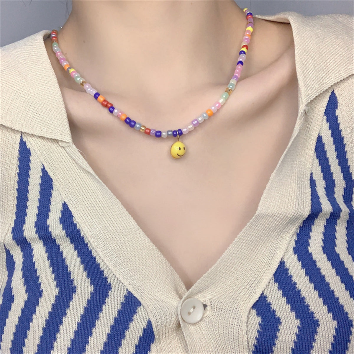 Colored Acrylic Bead and 18K Gold-Plated Smiley Necklace, gold pendant necklace for women, side view
