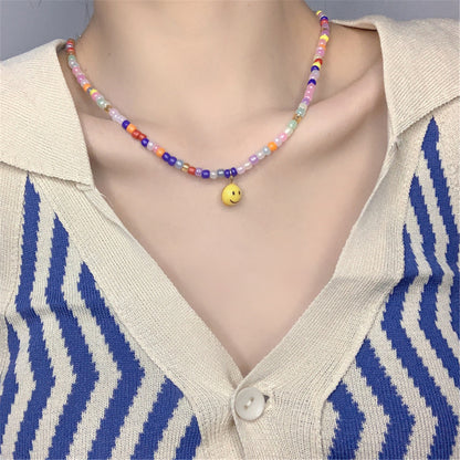Colored Acrylic Bead and 18K Gold-Plated Smiley Necklace, gold pendant necklace for women, side view