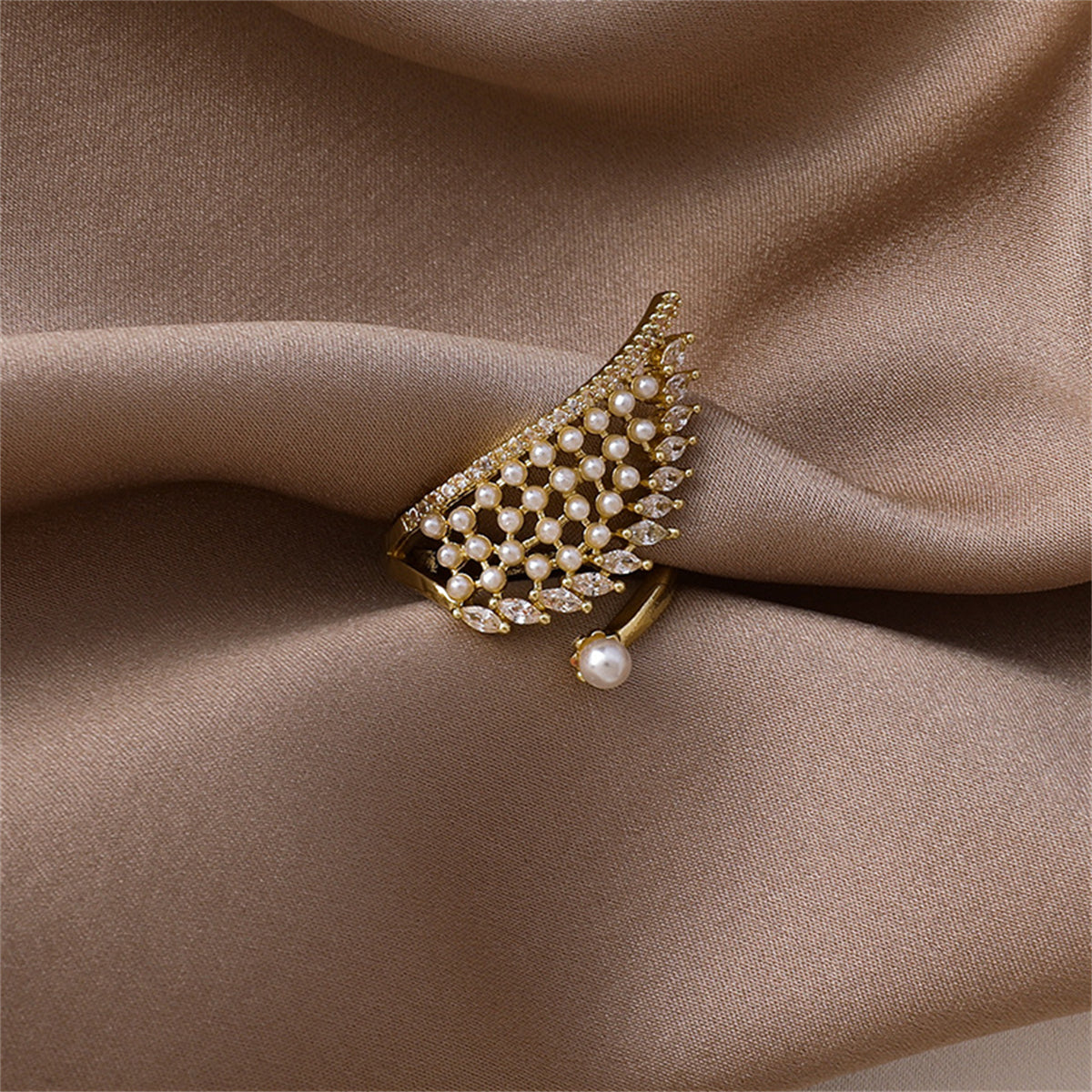 Cubic Zirconia & White Pearl 18K Gold-Plated Wing Bypass Ring