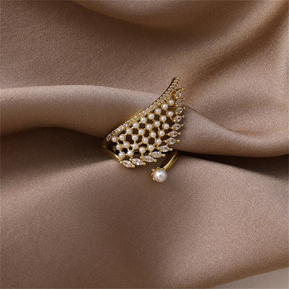 Cubic Zirconia & White Pearl 18K Gold-Plated Wing Bypass Ring