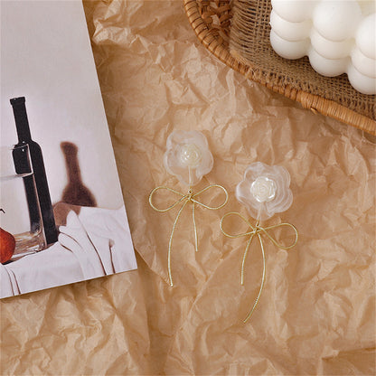 White Resin and 18K Gold-Plated Flower Bow Drop Earrings, gold drop earrings for women, everyday style, lifestyle look