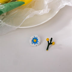Blue & White Mismatch Flower & Branch Stud Earrings