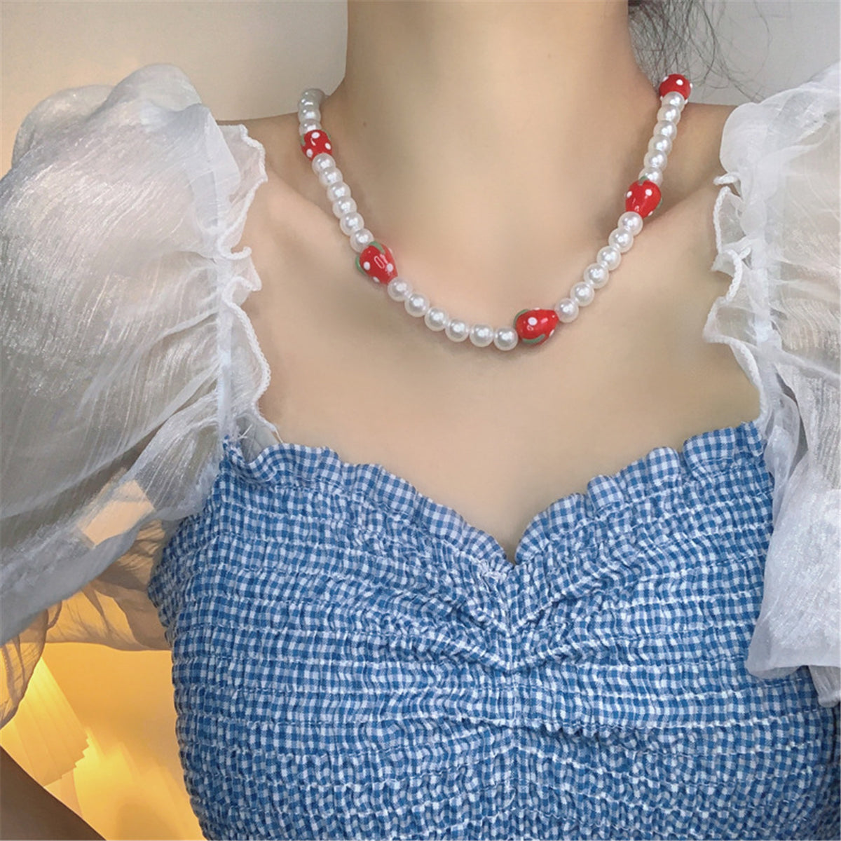 Pearl and Resin Silver-Plated Strawberry Station Necklace, silver pendant necklace for women, front view