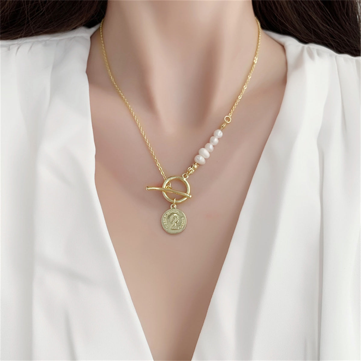 Pearl & 18K Gold-Plated Asymmetrical Coin Toggle Pendant Necklace