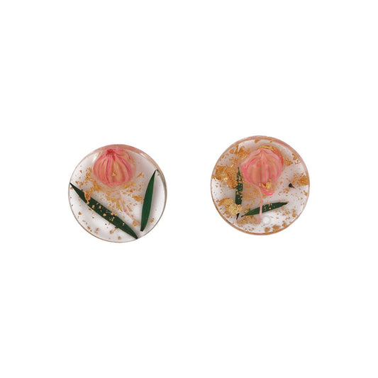 Pink Flower and Silver-Plated Stud Earrings, silver stud earrings for women, everyday style, front view