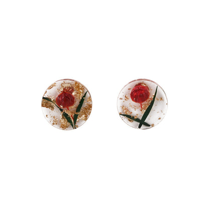 Red Flower and Silver-Plated Stud Earrings, silver stud earrings for women, elegant gift for her, side view