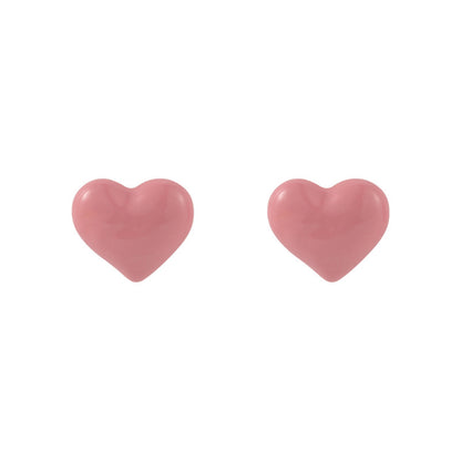 Pink Enamel and Silver-Plated Heart Stud Earrings, silver stud earrings for women, vintage-inspired design, front view