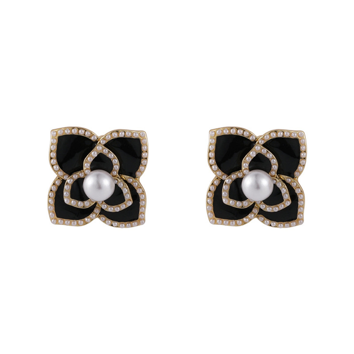 Pearl & Black Camellia 18K Gold-Plated Stud Earrings