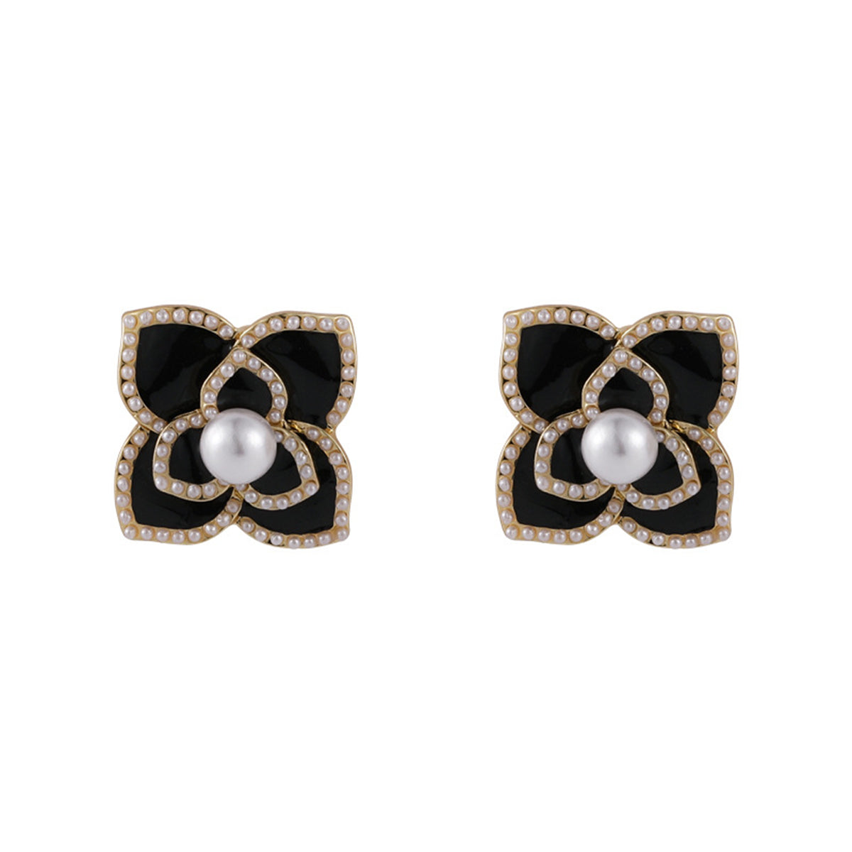 Pearl and Black Camellia 18K Gold-Plated Stud Earrings, gold stud earrings for women, everyday style, side view