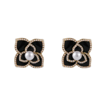Pearl and Black Camellia 18K Gold-Plated Stud Earrings, gold stud earrings for women, everyday style, side view