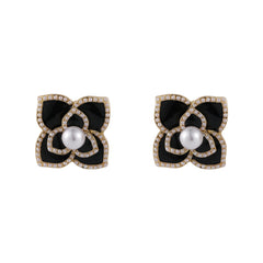 Pearl & Black Camellia 18K Gold-Plated Stud Earrings