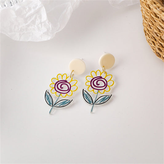 Yellow and Purple Acrylic and Enamel Flower Drop Earrings, drop earrings for women, dainty minimalist design, front view