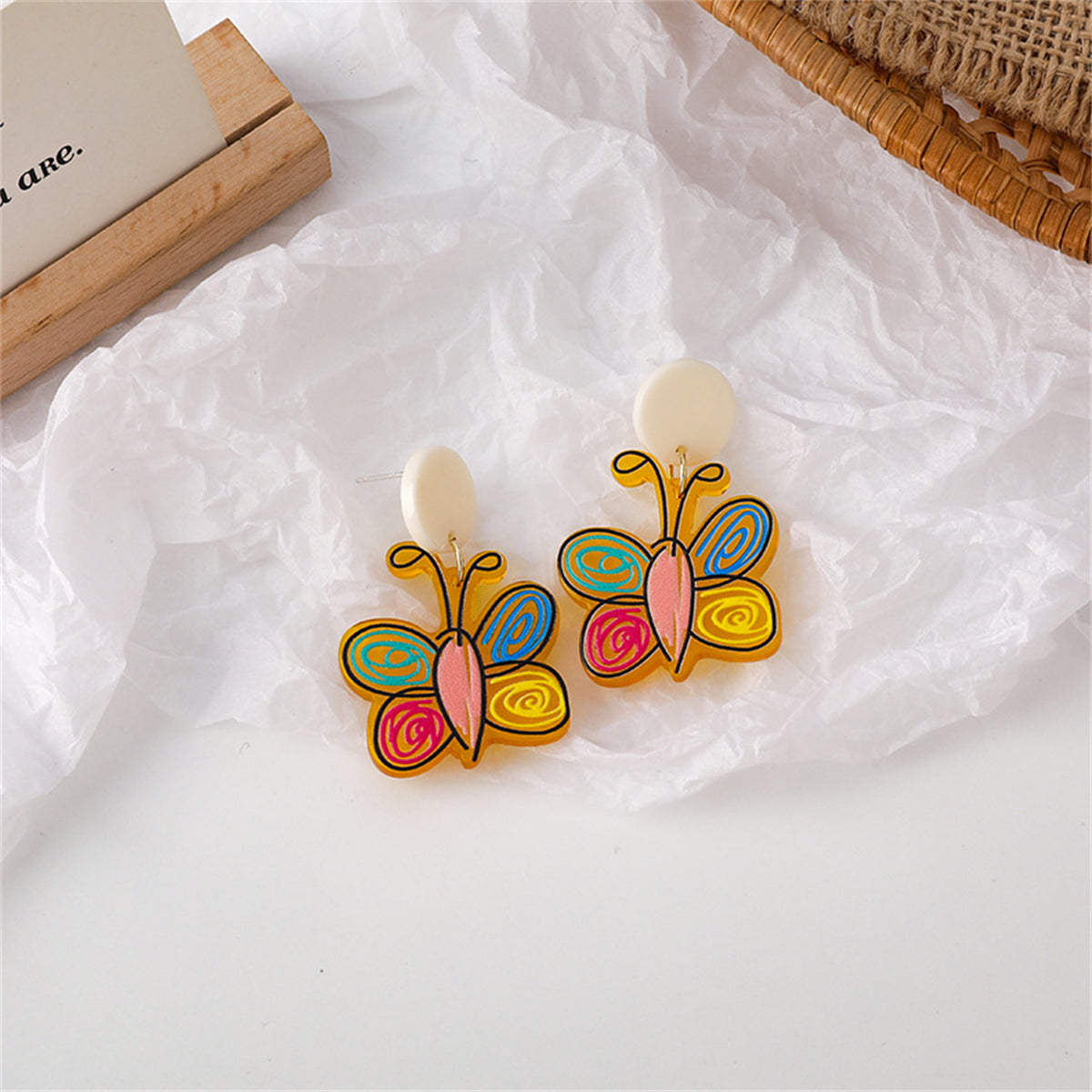 Yellow & Red Acrylic Tiered Butterfly Drop Earrings