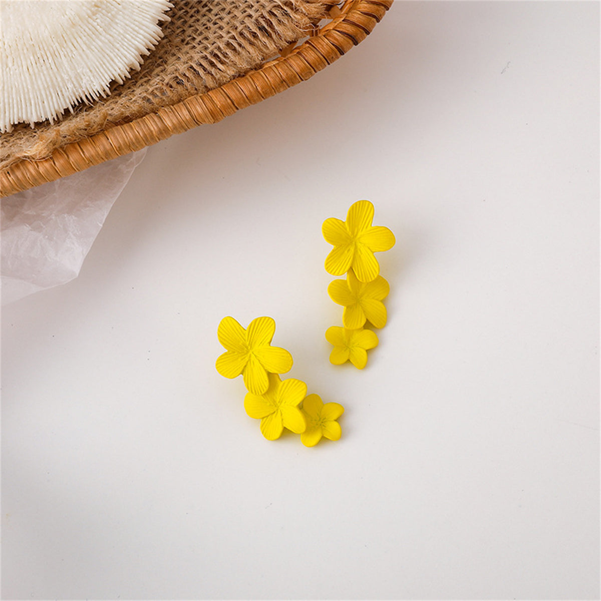 Yellow Enamel & Silver-Plated Linked Flower Drop Earrings