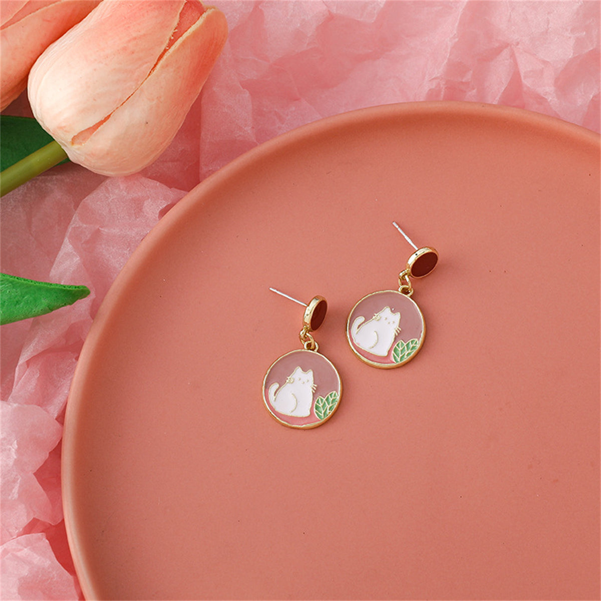Pink Enamel & 18K Gold-Plated Round Cat Drop Earring
