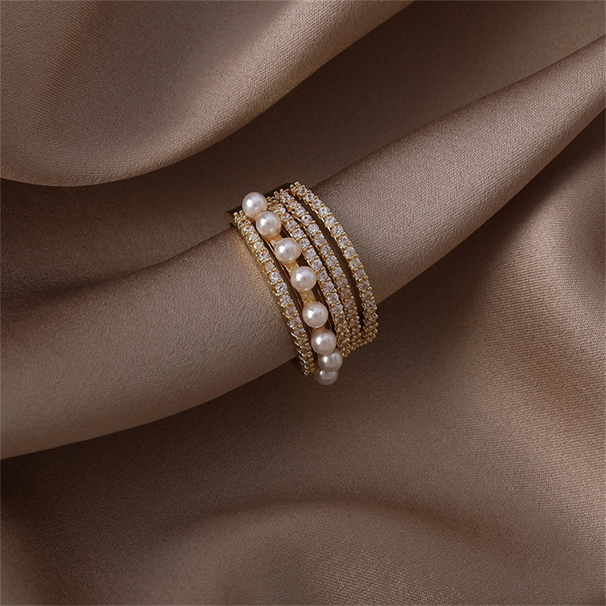 Pearl & Cubic Zirconia 18K Gold-Plated Pavé Layered Open Ring