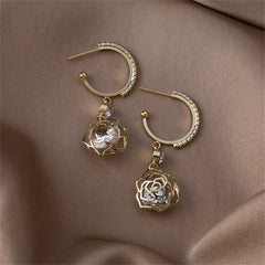 Cubic Zirconia & 18K Gold-Plated Open Rose Drop Earrings