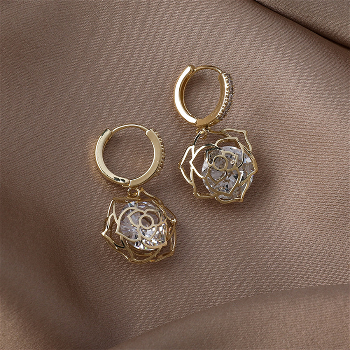 Cubic Zirconia & 18K Gold-Plated Open-Rose Huggie Earring